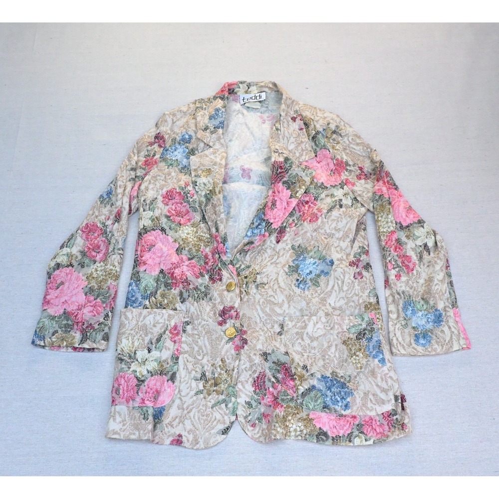 Teddi Vintage 90s Womens L Brocade Blazer Pink Blue Floral Metallic Gold USA